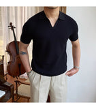 Bonsir Summer New V-neck Men's Solid Color Short-sleeved T-shirt British Slim Lapel Knitted Striped Casual  Polo Shirt
