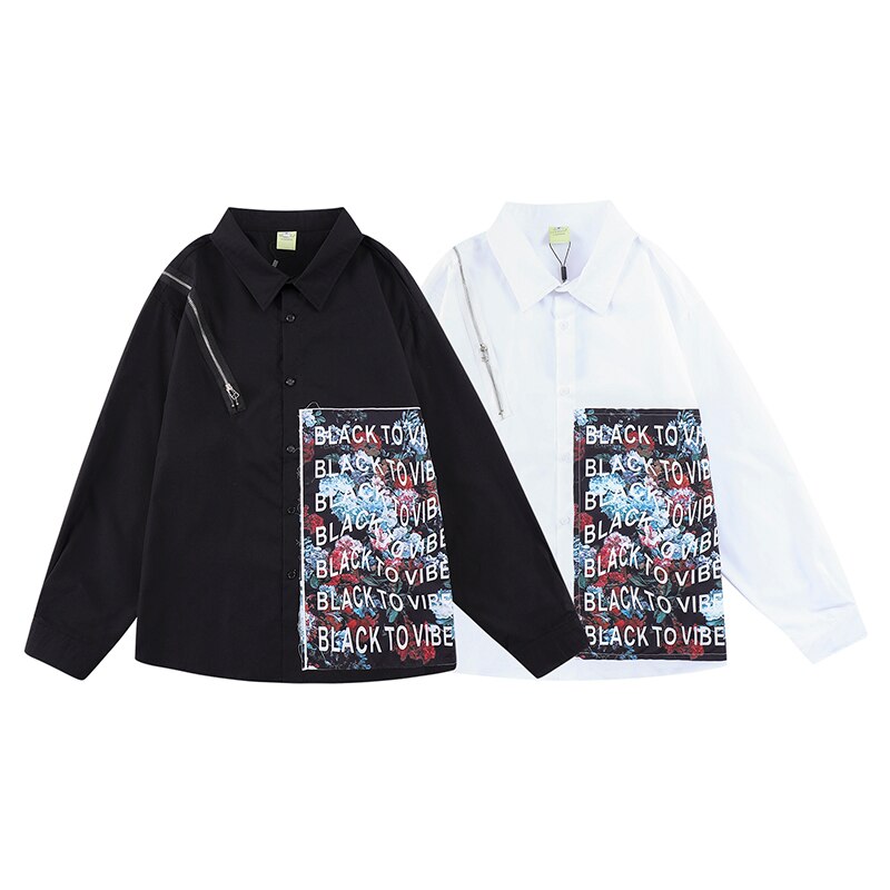 Bonsir Harajuku Zipper Decorate White Black Long Sleeve Men's Autumn Shirts Retro Streetwear Spliced Oversized Loose Couple Tops