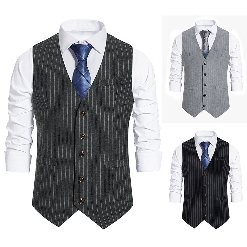 Bonsir Autumn New Men's Business Casual Stripe Single Breasted Vest Men's Suit Vintage Vest