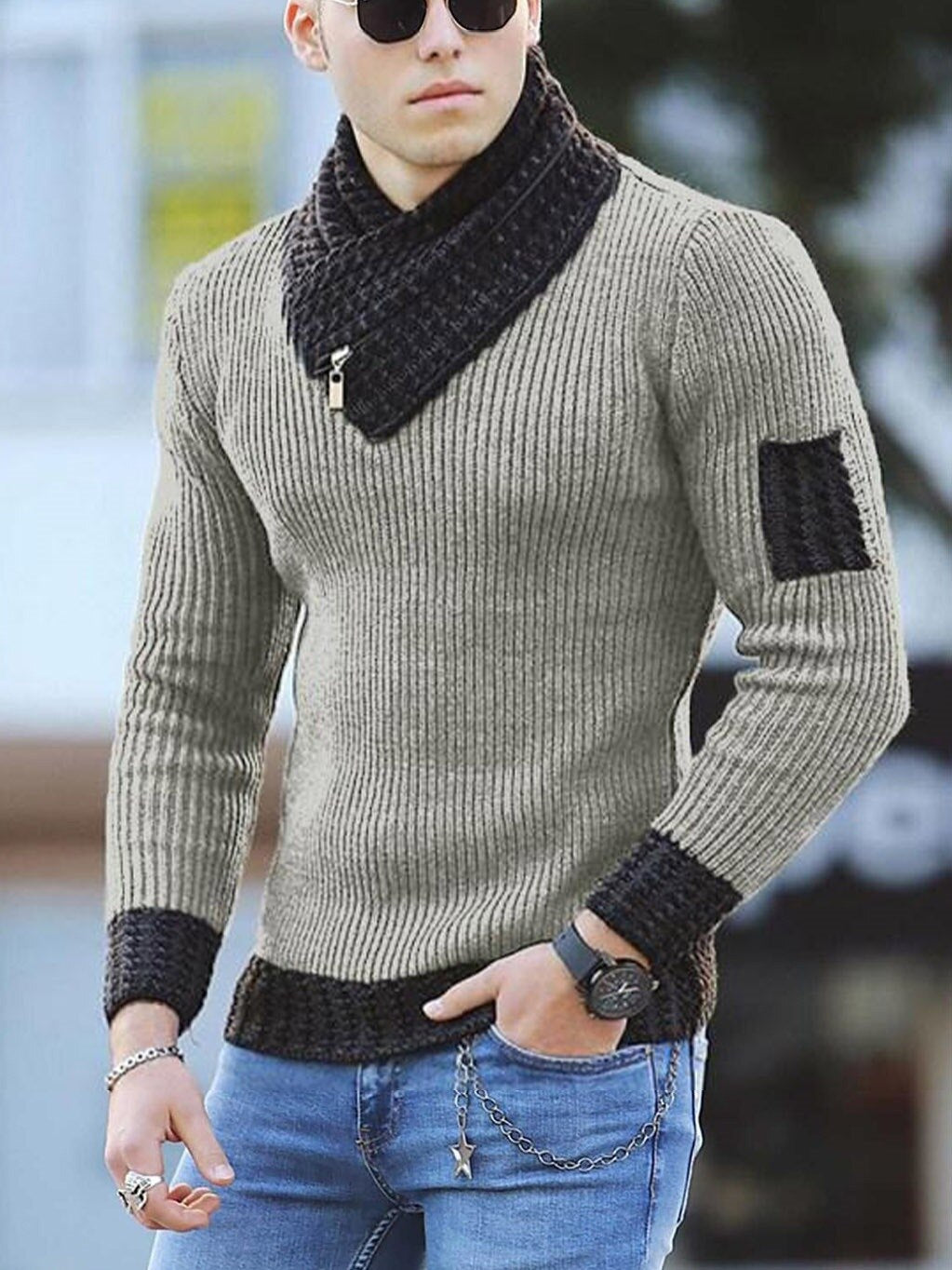 Bonsir Autumn New Men's Pullover Long Sleeve High Neck Sweater Color Matching Trend Sweater