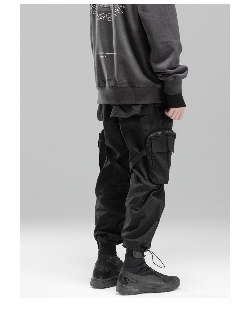 Bonsir Men's Drawstring Pants Side Pockets Loose Techwear Trousers Mechanical Pocket Ribbon Jogger Pants