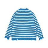 Bonsir Retro Frayed Contrast Color Striped Round Neck Men's Sweaters Ripped Hip Hop Harajuku Oversized Pullover Couple Autumn Clothes