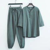 Bonsir Spring Summer New Men's Fashion Casual Solid  Short Sleeve T-Shirt Pant Suit Men High-Quality Cotton And Linen Two-Piece Set 5XL