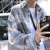 Bonsir Autumn Thick Woolen Shirt Men Fashion Retro Casual Oversized Plaid Shirts Mens Korean Blue/Green Loose Long-sleeved Shirt Men