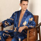 Bonsir Male Satin Sleepwear Robe&Pants Dargon Pajamas Set Print Men Nightwear Kimono Bathrobe Gown Faux Silk Lounge Wear Home Clothes