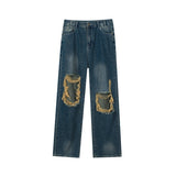 Bonsir Summer Men's Worn Out Jeans Vintage Distressed Hole Wide Leg Denim Straight Pants Korean Personality Casual Srteet