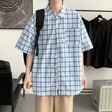 Bonsir New Fashion Plaid Shirt Men Summer Casual Button Down Short Sleeve Shirts Mens Loose Business Office High Quality Blouse