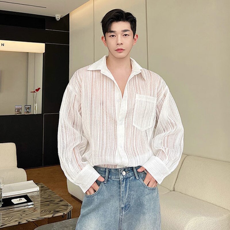 Bonsir Korean Style Transparent Men's Fashion Striped Shirts Summer Trendy Long Sleeve Mesh Tops New Perspective Clothing