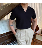 Bonsir Summer New V-neck Men's Solid Color Short-sleeved T-shirt British Slim Lapel Knitted Striped Casual  Polo Shirt