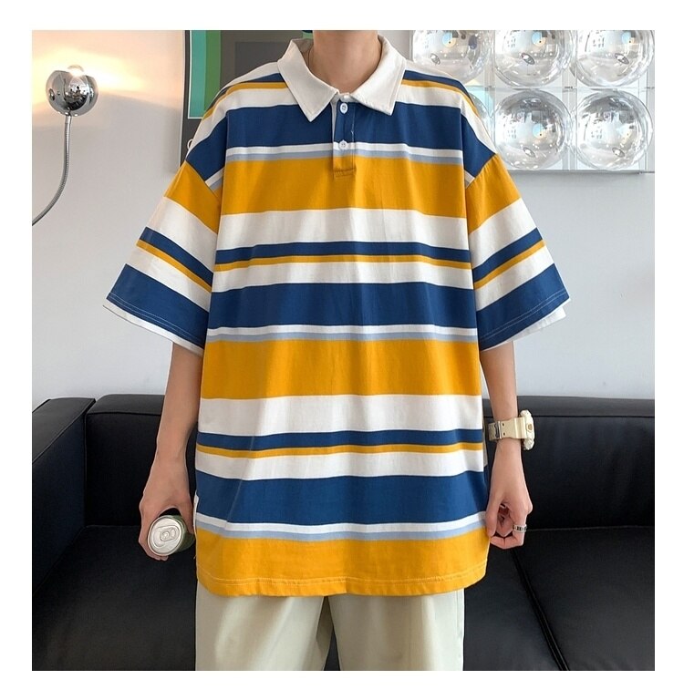 Bonsir Summer Men's Stripe Printing Short Sleeve T-shirt Lapel Collar Cotton Clothes Tshirts Blue/Apricot/yellow Cotton T Shirts