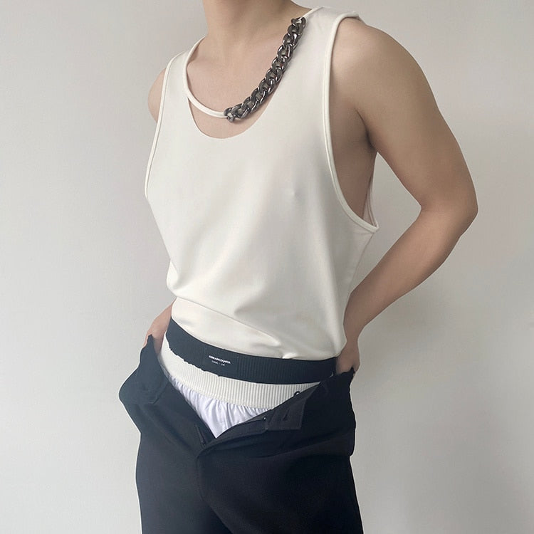 Bonsir Spring Summer Round Collar Chain Casual Sleeveless Vest Korean Style Personality Design Fashion Slim Top Tank Top