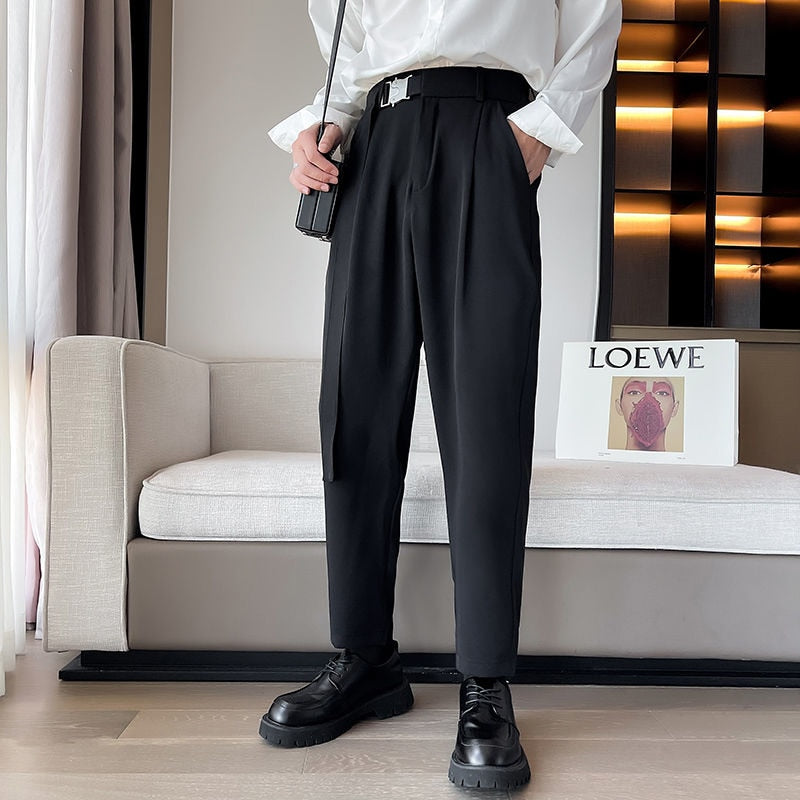 Bonsir Asymmetric Metal Belt Men's Casual Pants Straight-leg Solid Color Brand Fashion Male Ankle Baggy Trousers Clothing