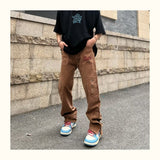Bonsir New Fashion Letter Embroidery Vintage Brown Men Cargo Jeans Pants Ankle Zipper Hip Hop Baggy Straight Denim Trousers Pantalones