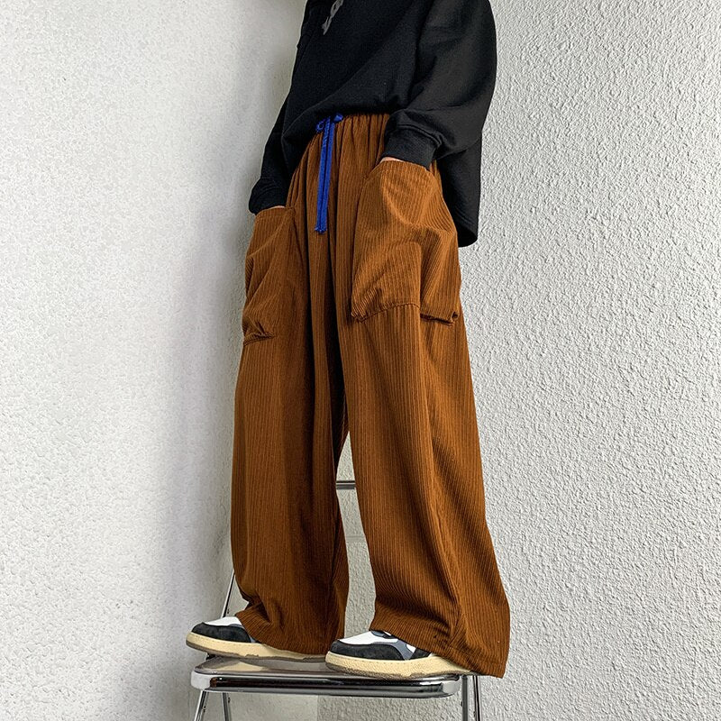 Bonsir Oversize Corduroy Pants Men Fashion Retro Pocket Cargo Pants Men Japanese Streetwear Loose Straight Wide Leg Pants Mens Trousers