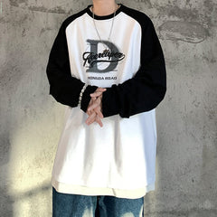 Bonsir HybSkr Harajuku Graphic Patchwork Men's T-shirt Korean Style Oversize Letter Male Pullovers Basic Long Sleeve Men's Clothing