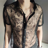 Bonsir High Quality Black Lace Sexy Shirt Embroidery See Through Shirt Men Social Club Luxe Transparent Shirt Summer Short Sleeve Shirt