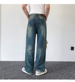 Bonsir Summer Men's Worn Out Jeans Vintage Distressed Hole Wide Leg Denim Straight Pants Korean Personality Casual Srteet