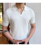 Bonsir Summer New V-neck Men's Solid Color Short-sleeved T-shirt British Slim Lapel Knitted Striped Casual  Polo Shirt