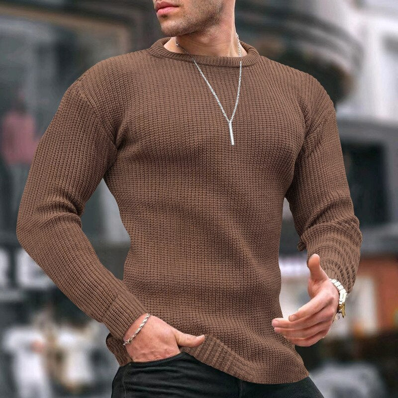 Bonsir Autumn Winter Mens Sweaters Casual Slim Fit Long Sleeve Crew Neck Knitting Tops For Men Fashion Solid Color Basic Knit Sweater