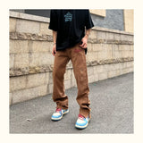 Bonsir New Fashion Letter Embroidery Vintage Brown Men Cargo Jeans Pants Ankle Zipper Hip Hop Baggy Straight Denim Trousers Pantalones