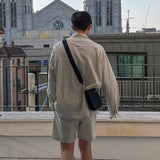 Bonsir Summer Men's Suit Solid Color Two-piece Sets Lapel Long Sleeve Shirt Elastic Waist Shorts 2023 Korean New Fashion