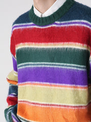 Bonsir Men's Pullover Autumn Winter New American Rainbow Stripe Contrast Round Neck Sweater Casual  Long Sleeve Male Tops