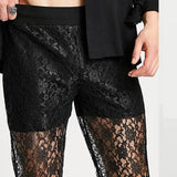 Bonsir Sexy Hollow Out Lace Mesh Mens Pants Spring Autumn Fashion Solid Color Loose Straight Trouser Men Trend Party Clubwear Long Pant