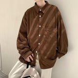 Bonsir Autumn Brown Corduroy Shirts Men Fashion Retro Pocket Casual Shirts Mens Japanese Streetwear Loose Long Sleeve Shirts Men M-2XL