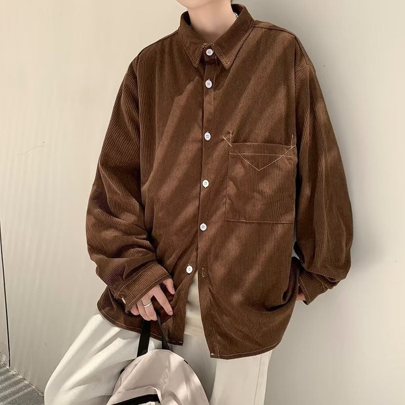 Bonsir Autumn Brown Corduroy Shirts Men Fashion Retro Pocket Casual Shirts Mens Japanese Streetwear Loose Long Sleeve Shirts Men M-2XL