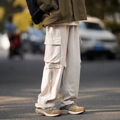 Bonsir Cotton Cargo Pants Men Fashion Retro Pocket Casual Pants Men Japanese Streetwear Hip Hop Loose Straight Pants Mens Trousers