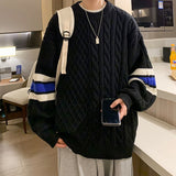 Bonsir Striped Patchwork Men's Round Neck Sweater Fashion Autumn Loose Knitted Pullovers New Korean Style Male Knitwear