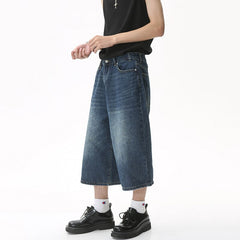 Bonsir Men's Summer New Jeans Korean Style Loose Wide Leg Flare Denim Pants Male Fashion Washed Cropped Trousers Tide