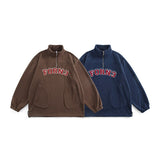 Bonsir Lamb Fleece Mens Jacket Fashion Letter Embroidered Sweatshirt Half Zipper Pullover Couple Outerwear Loose Sweatshirt Jacket