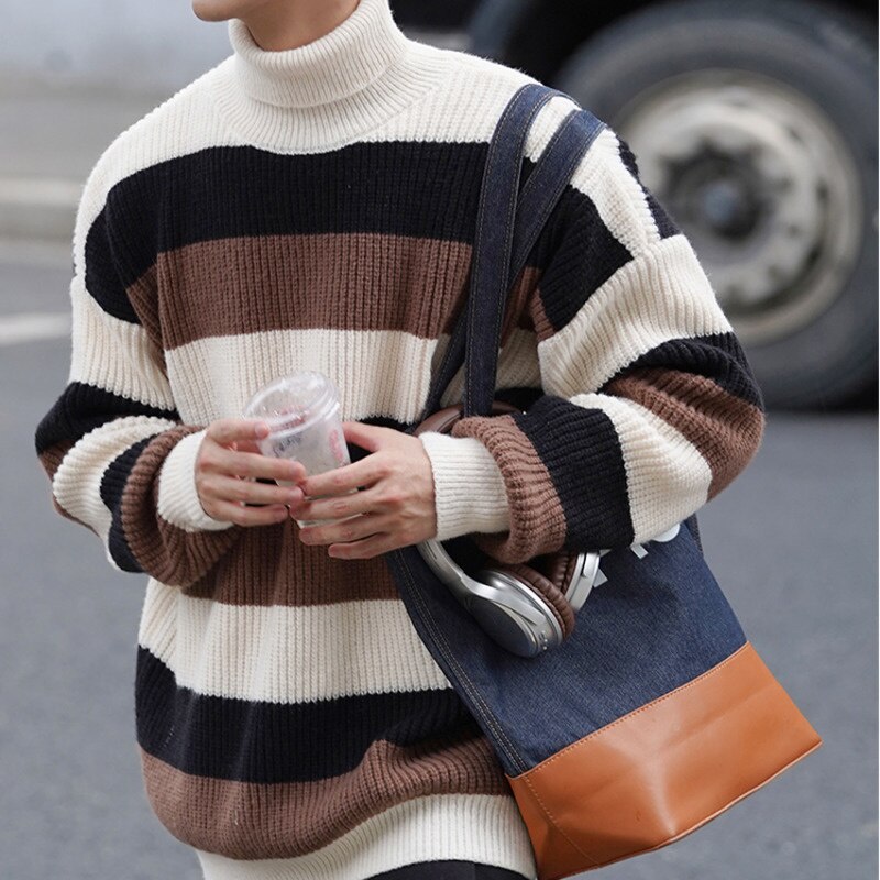 Bonsir  Turtleneck Striped Sweater For Men Loose Autumn Fashion Knitted Pullovers Warm New Brand Male Casual Clothing