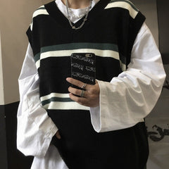 Bonsir Couples Knitted Sweater Vest Japanese Pullover Retro Men Korean Fashion Loose Stripe Loose Casual Harajuku V Neck Golf Vest Men