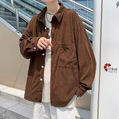 Bonsir Autumn Brown Corduroy Shirts Men Fashion Retro Pocket Casual Shirts Mens Japanese Streetwear Loose Long Sleeve Shirts Men M-2XL