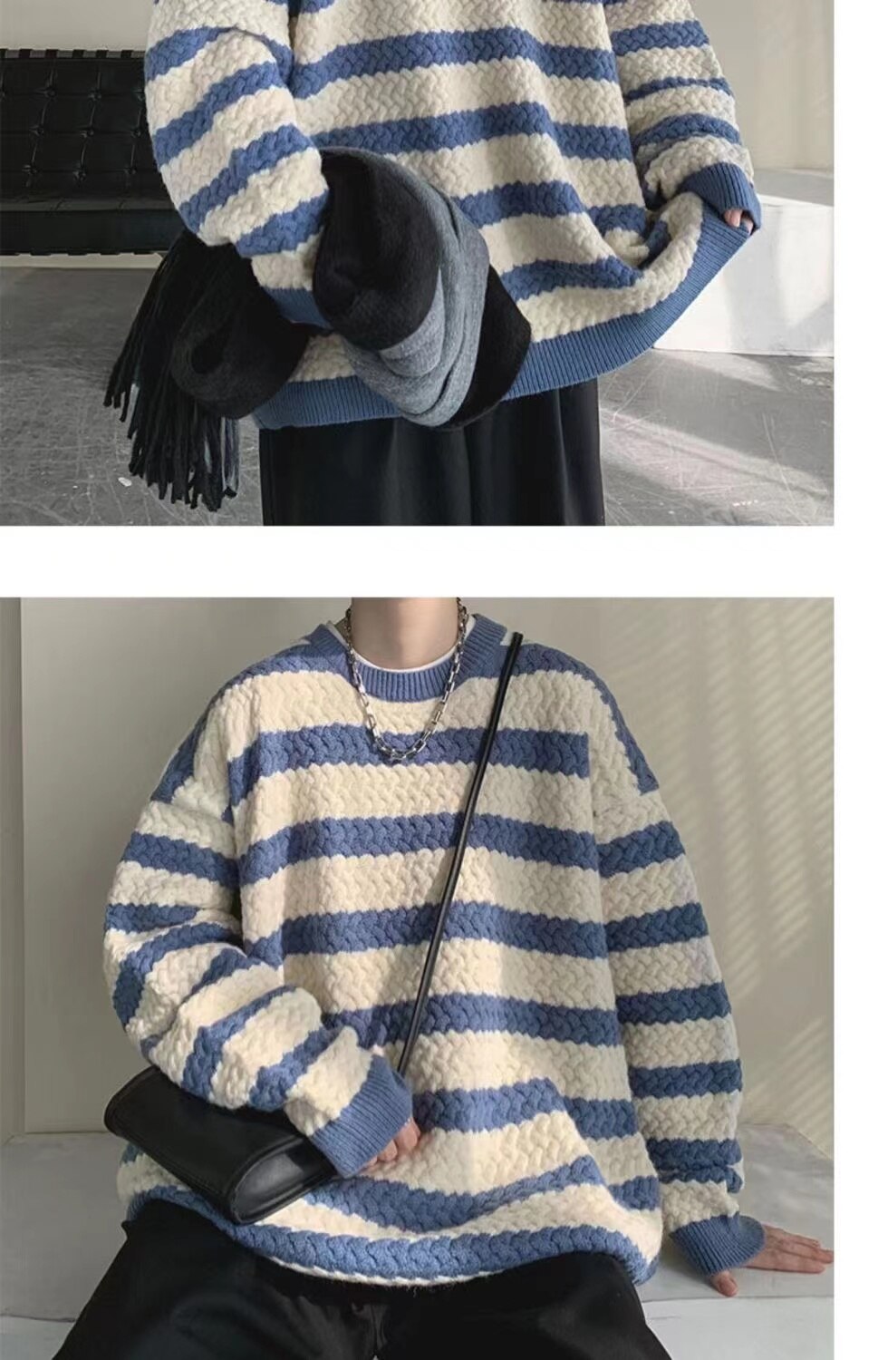 Bonsir Winter Men's Stripe Printing Coats Round Neck Wool Sweater Retro Loose Pullover Fashion Trend Thickened Knitting M-2XL