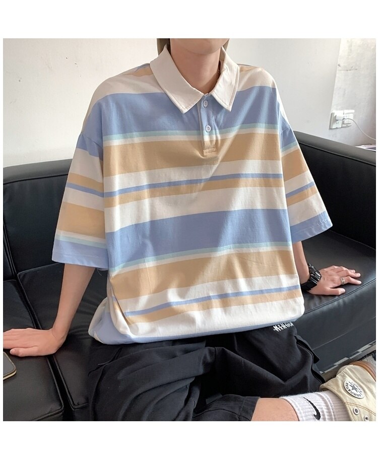 Bonsir Summer Men's Stripe Printing Short Sleeve T-shirt Lapel Collar Cotton Clothes Tshirts Blue/Apricot/yellow Cotton T Shirts