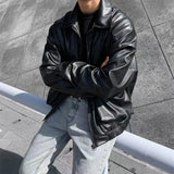 Bonsir  Men's Loose Russian PU Leather Jackets Casual Fashion Trend Outerwear Top Black Color Motorcycle Jackets Baseball Coats