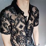Bonsir High Quality Transparent Floral Shirt Black Soft Velvet Slim-fit Men's Clothing Nightclub Short-sleeved Sexy Shirt See Through