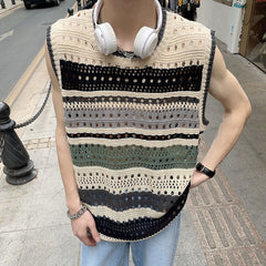 Bonsir Fashion Knitted Vest Y2k Streetwear Trend Hollow Sleeveless Top Men's Striped Contrast Color Loose Tank Tops Genderless Clothing