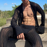 Bonsir Casual Sexy See-through Cardigan Men's Straight Trousers Trousers MenS Fashion Suit Autumn New Two-piece Set