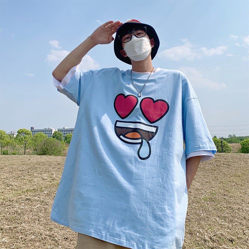 Bonsir Cartoon Expression Men's Oversized T-shirts Funny Graphic Male Top Short Sleeve Fashion Male Brand Oversized Tees