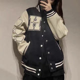 Bonsir Flocking Letter Embroidery Patchwork Human Made Wool Coat for Male and Female Retro Leather Sleeve Oversized Autumn Jackets