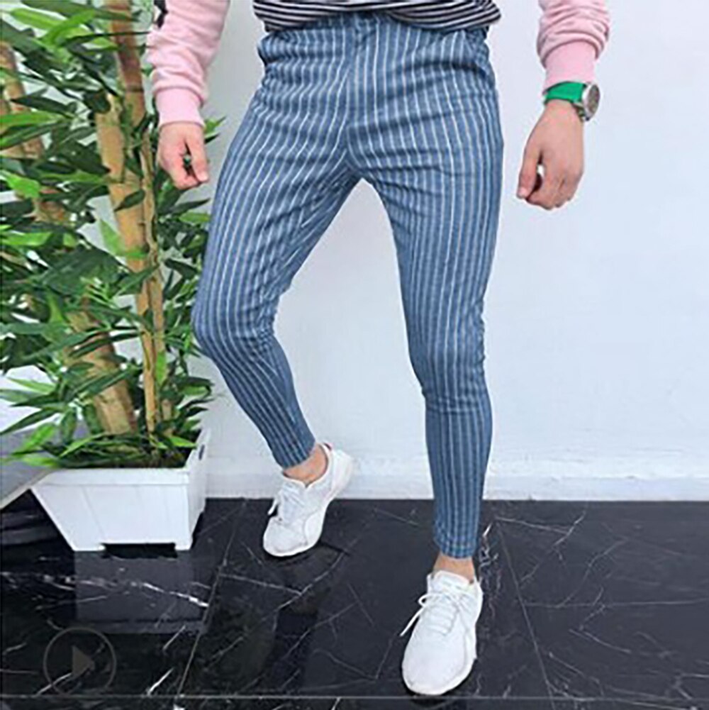 Bonsir Autumn New Men's Business All-Match Work Pants Striped Men's Tight Casual Trousers Iron-Free Commuter Pencil Pants