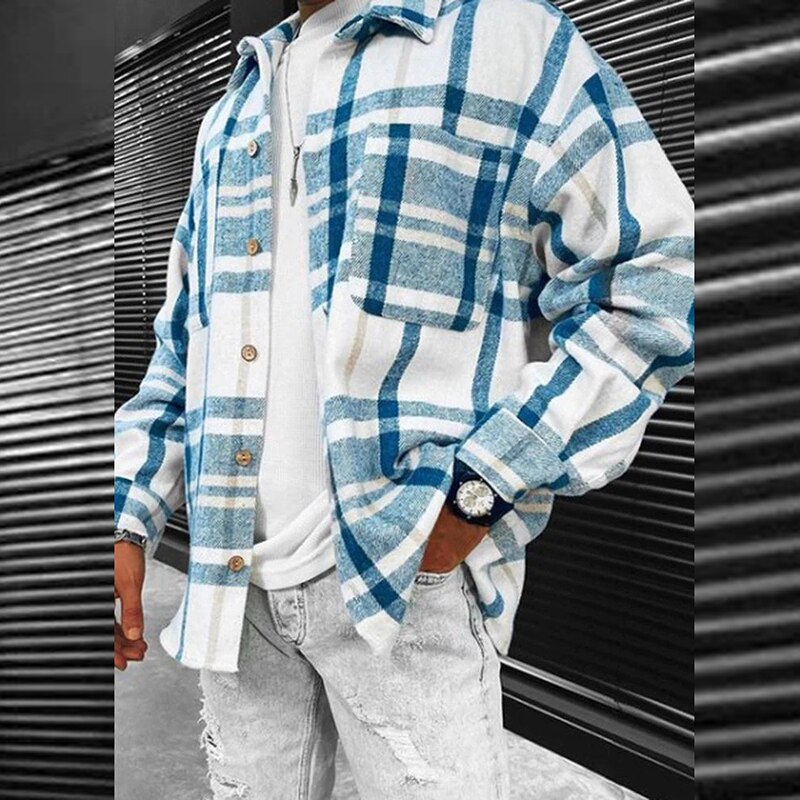 Bonsir Casual Long Sleeve Mens Jackets Button-up Turn-down Collar Cardigans Tops  Autumn Men Fashion Plaid Printed Coats Outerwear