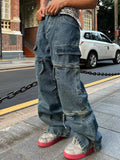 Bonsir Retro Loose Washable Jeans for Men Y2K Large Pocket Straight Sleeve Jeans Baggy Wide Leg Zipper Hip Hop Casual Pants Floor