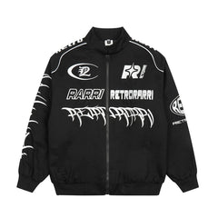 Bonsir High Street Lertter Embroidery Black Stand Men's Motorcycle Jacket Harajuku Retro Hip Hop Oversized Casual Outwear Winter Coat