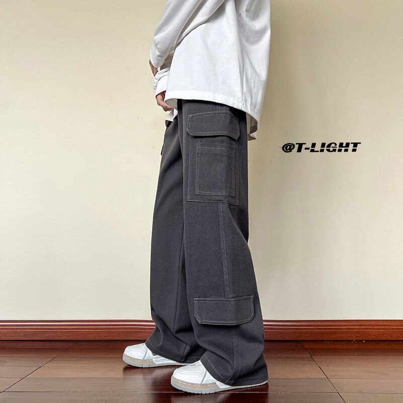 Bonsir Autumn Cotton Cargo Pants Men Fashion Pocket Casual Pants Men  Japanese Streetwear Hip Hop Loose Straight Pants Mens Trousers - Grey / M
