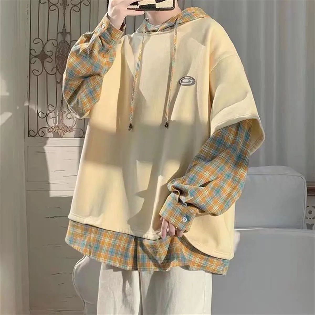 Bonsir Fashion Kahaki Patchwork Sweatshirt Autumn Loose Harajuku Vintage Plaid Hip Hop Tops Streetwear Winter High Street Gothic Hoodie